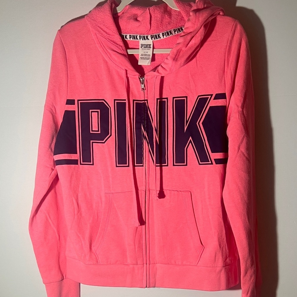 PINK Victoria's Secret Bright Pink Hoodie with Black Lettering